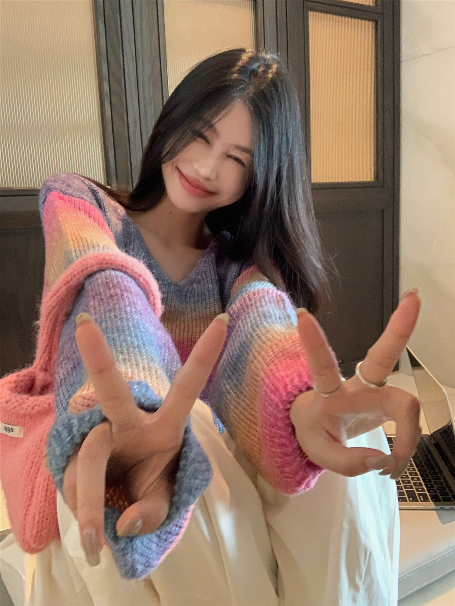 Real shot ~ Gradient long-sleeved sweater for women, new autumn style, high-end, chic, beautiful, loose and lazy sweater top