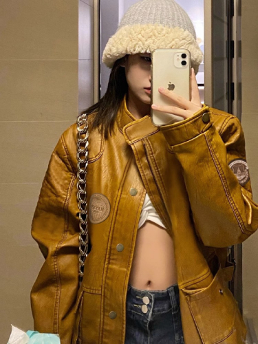 Brown motorcycle leather jacket for women retro spring autumn winter American vintage hot girl couple style thickened jacket