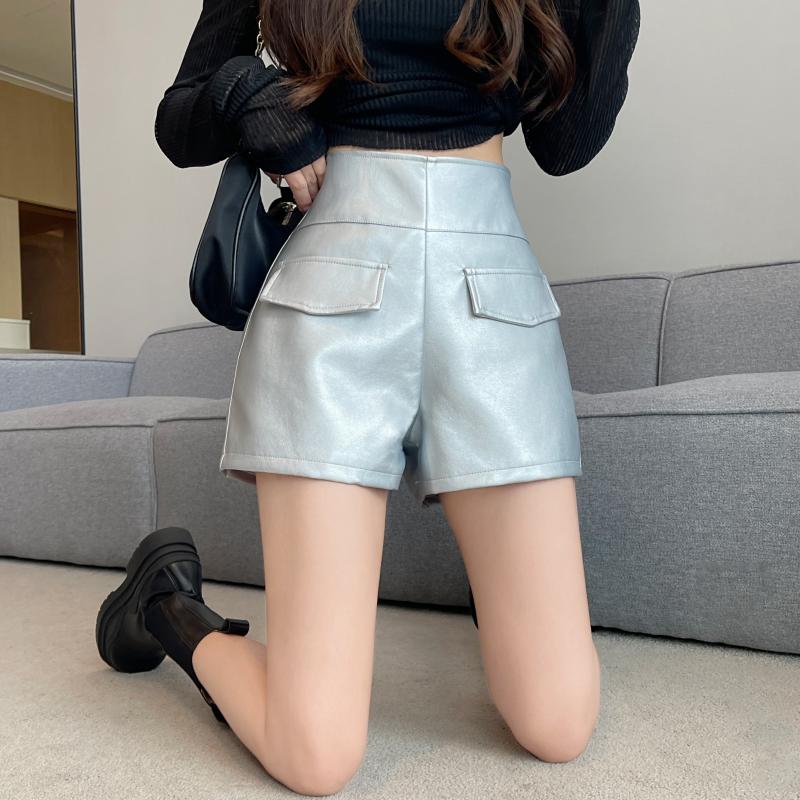 ****~實拍辣妹PU皮銀色短褲熱褲靴褲女秋冬