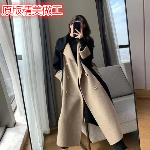 毛呢外套女長款2023冬季雙面絨羊毛拼色氣質赫本風時尚顯瘦大衣潮