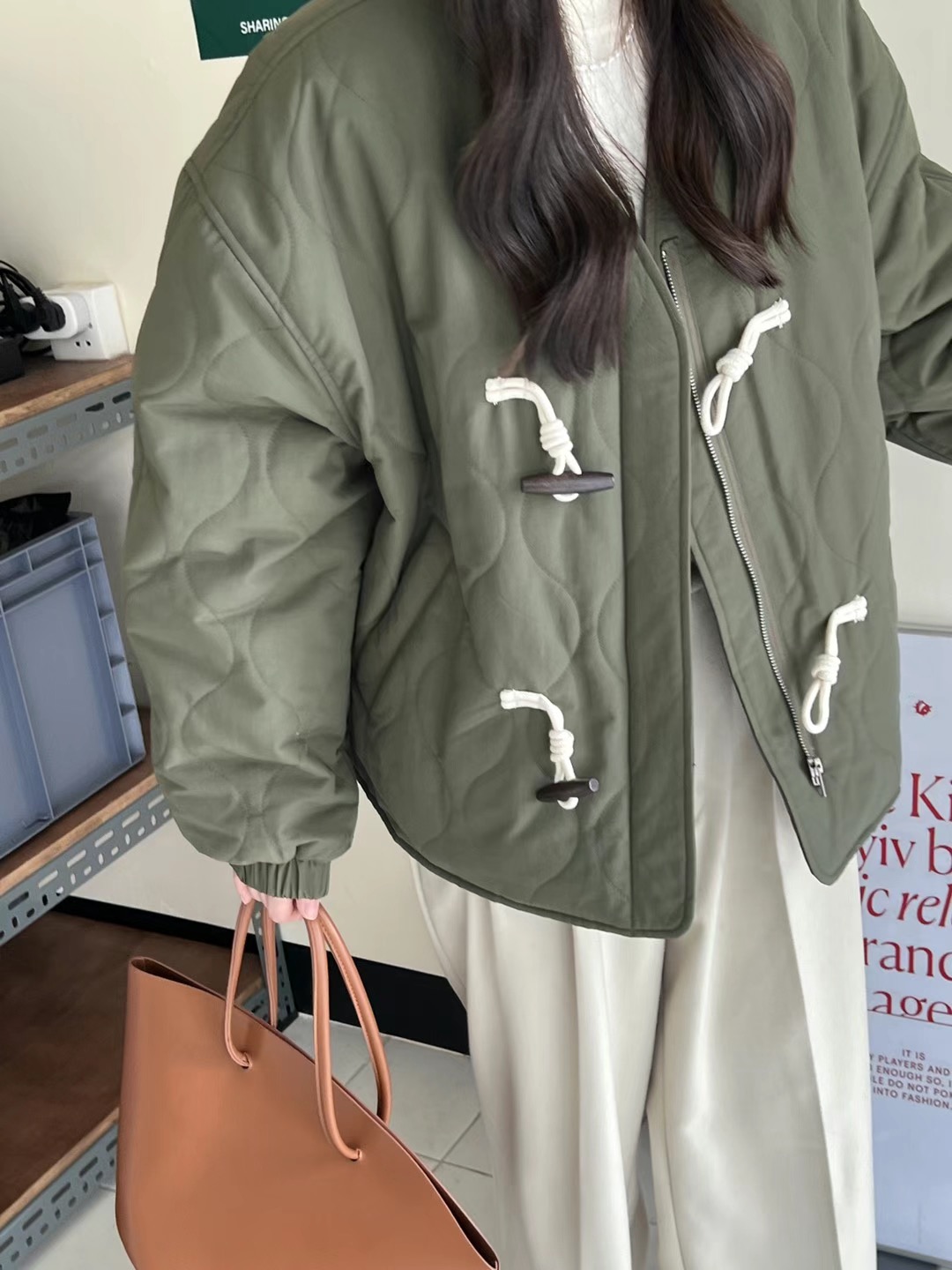 韓國chic牛角扣棉衣水波紋加厚夾棉外套寬鬆V領棉服女