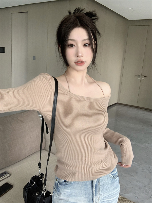 實拍 秋冬季新款設計感掛脖別致針織打底衫長袖毛衣上衣