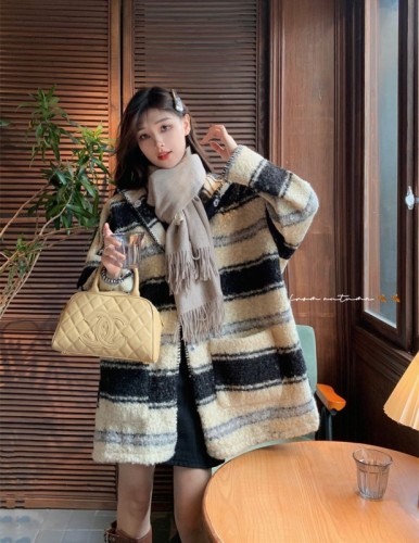 Autumn and winter lazy striped hooded woolen coat loose and versatile cardigan top