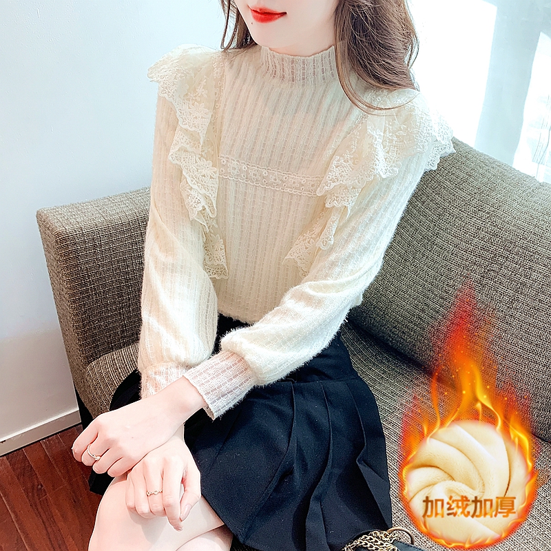 復古半高領長袖打底衫女加絨加厚韓版寬鬆百搭蕾絲花邊襯衫