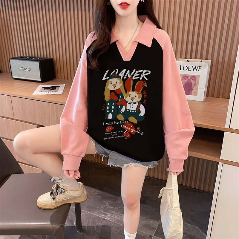 實拍 秋裝韓版後包領華棉M-3XL200斤印花寬鬆插肩袖大碼衛衣女