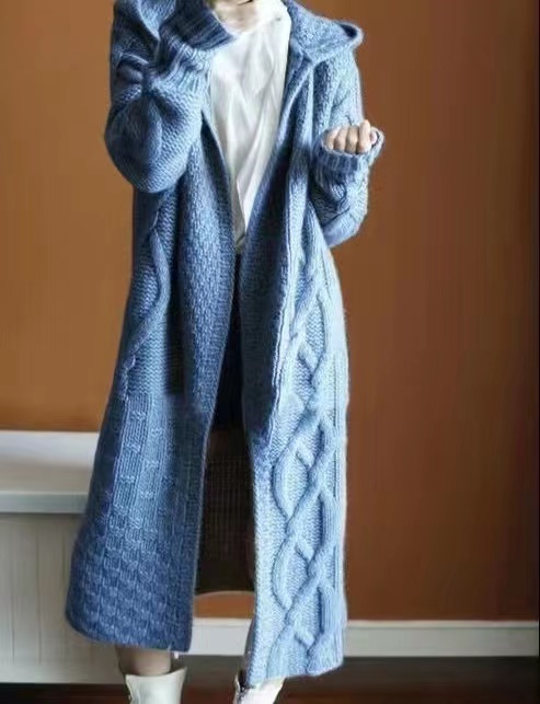 chic韓國毛衣外套女中長款慵懶風寬鬆開衫麻花粗毛衣外套