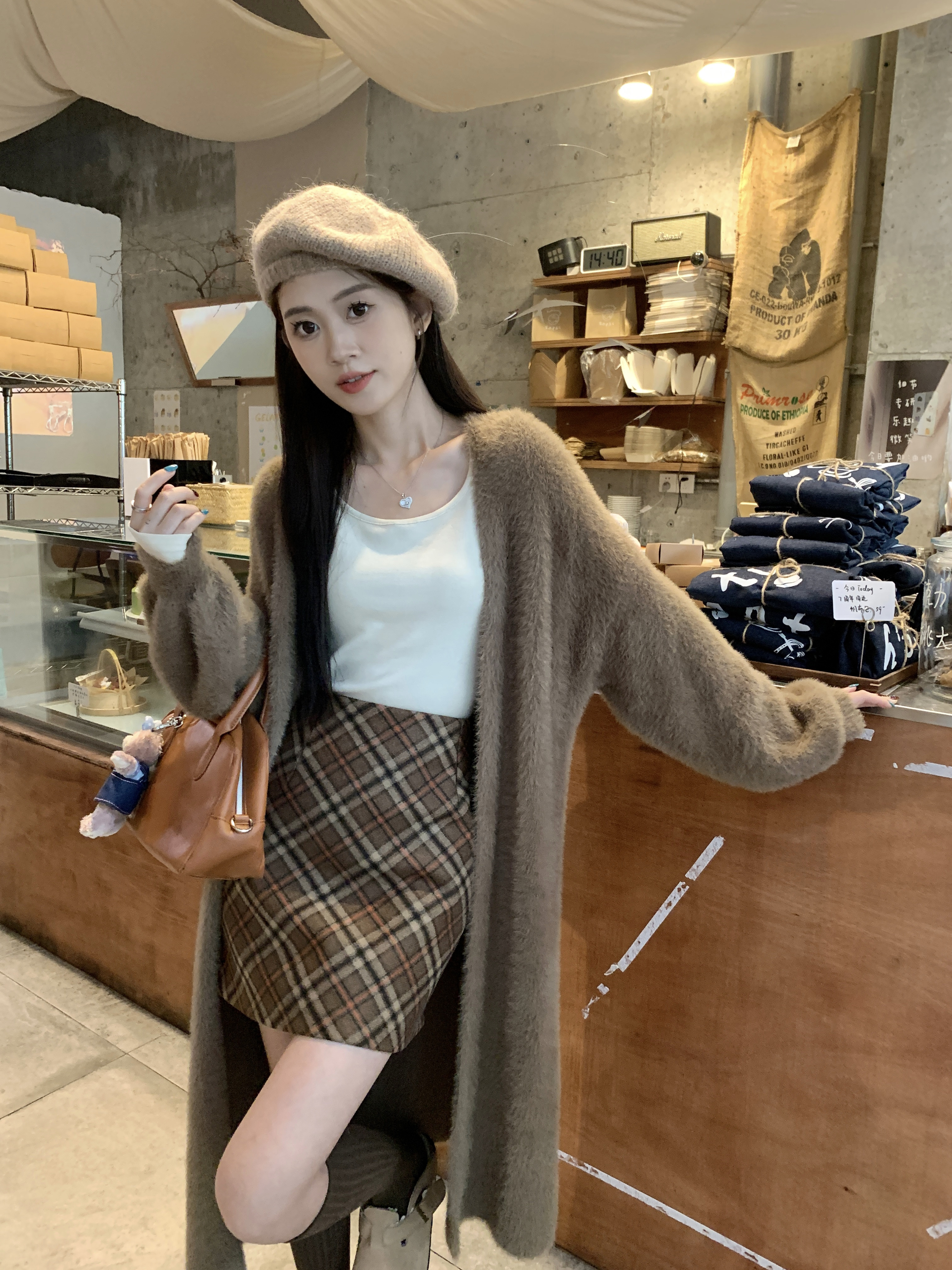 實拍 美式輕奢美拉德慵懶軟糯毛衣開衫純色打底t百褶裙套裝