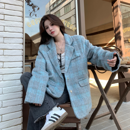 Double-layer interior retro high-end sense long woolen plaid suit jacket for women  autumn and winter trendy versatile tops