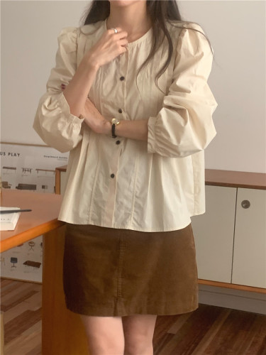 实拍 韩版法式简约圆领纯色长袖衬衫