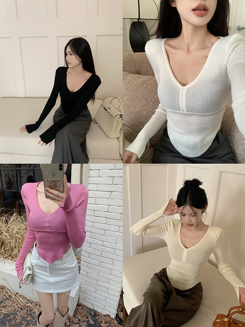 實拍～ 純欲V領長袖打底衫不規則弧形下擺針織上衣女長袖