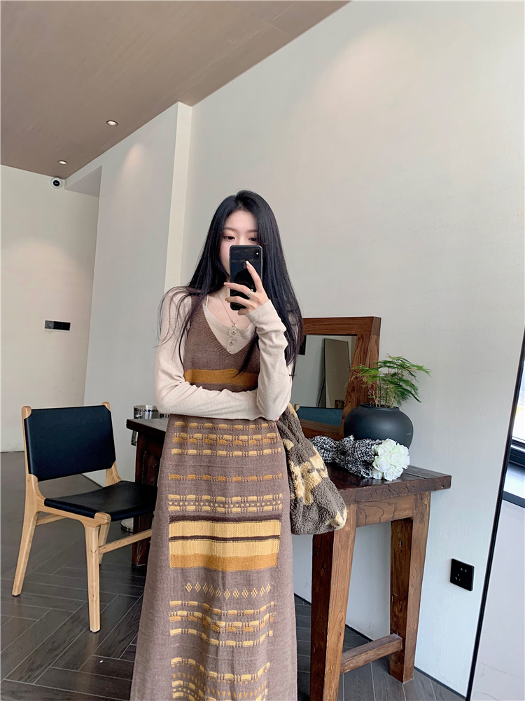 實拍~法式復古套裝女長袖T恤早就撞色針織背心連衣裙兩件套