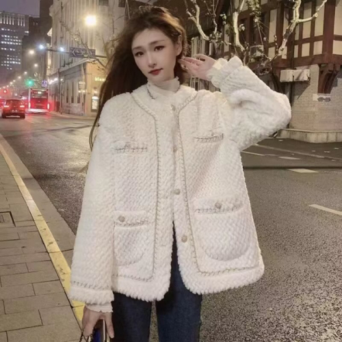  new autumn and winter Korean style small fragrant style lamb wool coat for women loose thickened imitation fur one-piece top