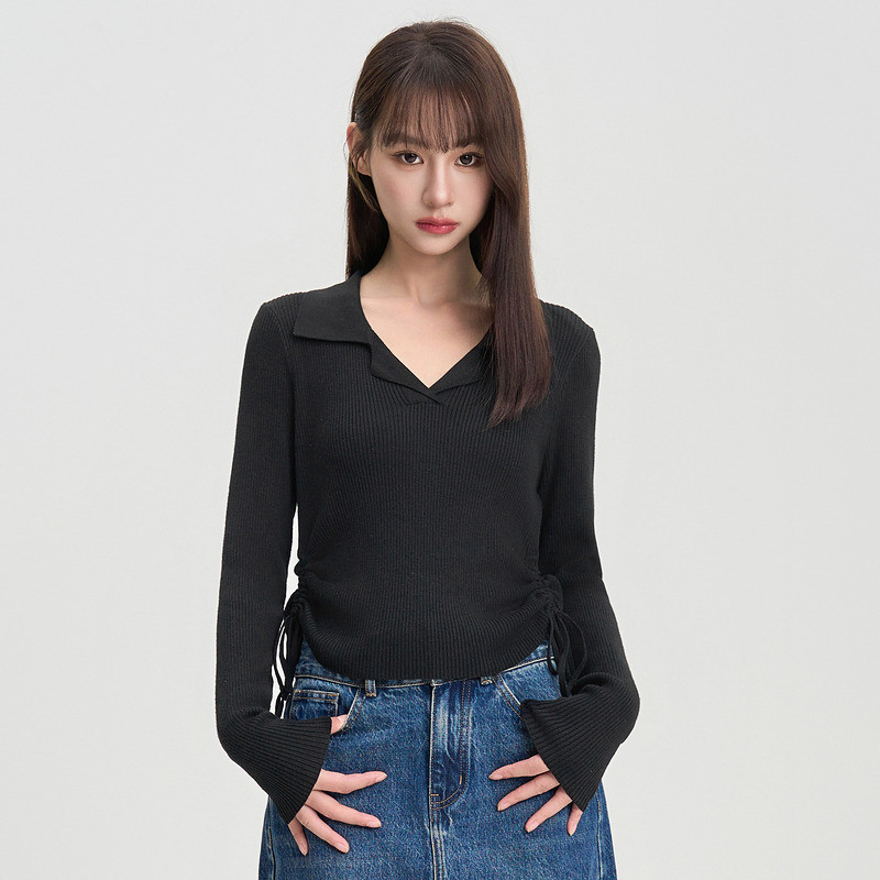 polo領翻領內搭針織打底衫女春季設計感抽繩修身顯瘦長袖別致上衣