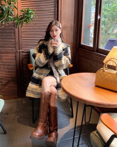 Autumn and winter lazy striped hooded woolen coat loose and versatile cardigan top