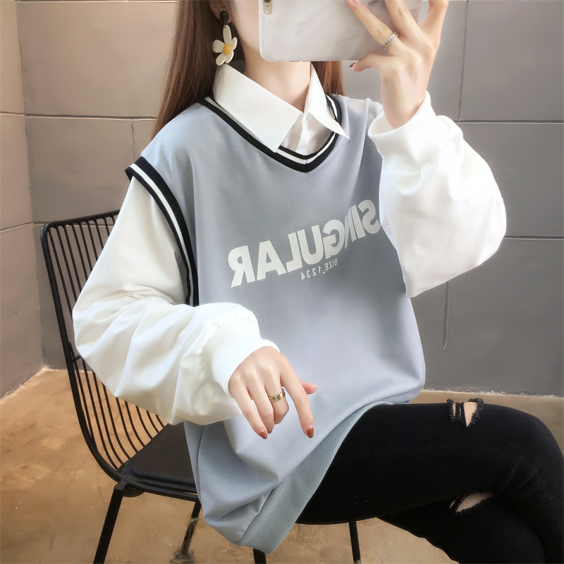 首發實拍6535魚鱗 2023秋季襯衣衛衣女薄款長袖假兩件上衣女裝