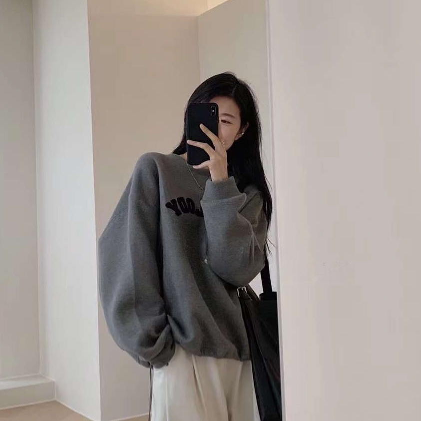 sparks衛衣女款2023新款慵懶風抽繩寬鬆灰色圓領設計感上衣女