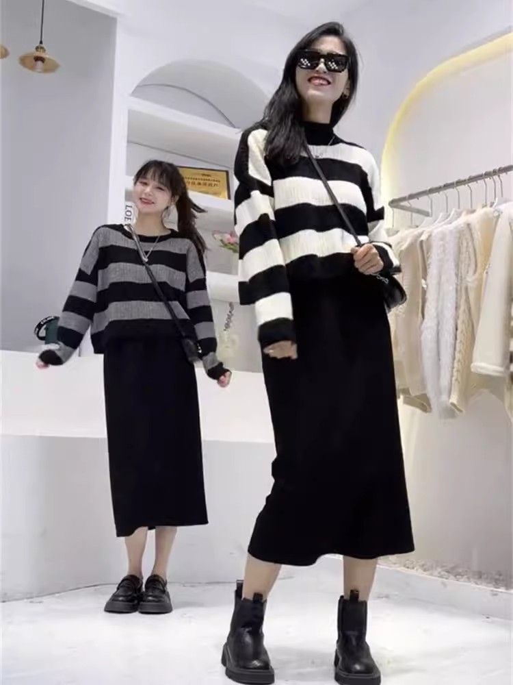 Striped sweater sweater suit for women 2023 autumn new style casual loose slimming