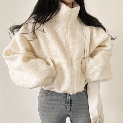 Korean style lamb wool basic short style versatile lazy style thickened cardigan jacket top
