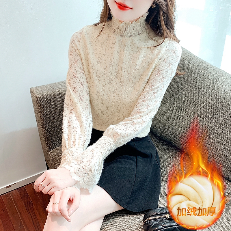 蕾絲打底衫年新款復古甜美泡泡袖上衣女加絨加厚蕾絲小衫
