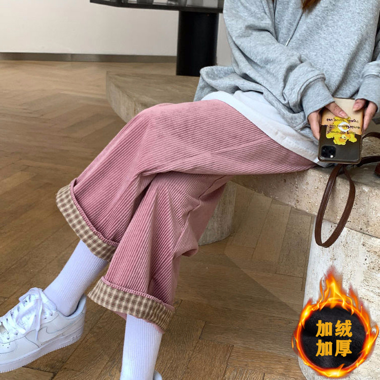 Autumn and winter plus velvet corduroy pants for women, plaid curled student sweatpants, Korean style thickened wide-leg pants, casual pants