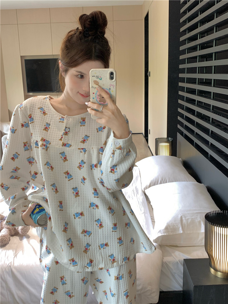 實拍韓版秋冬新品保暖薄棉華夫格卡通背帶熊寬鬆家居服套裝裙