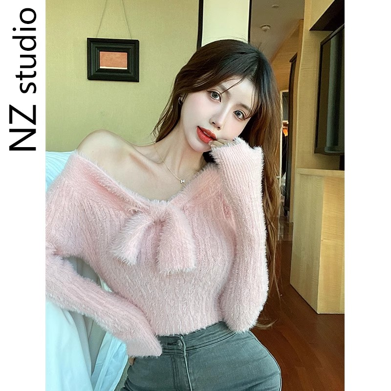 Xiaoxiangfeng gentle one-word collar plush bow knitted sweater for women in autumn and winter new slim fit long-sleeved top