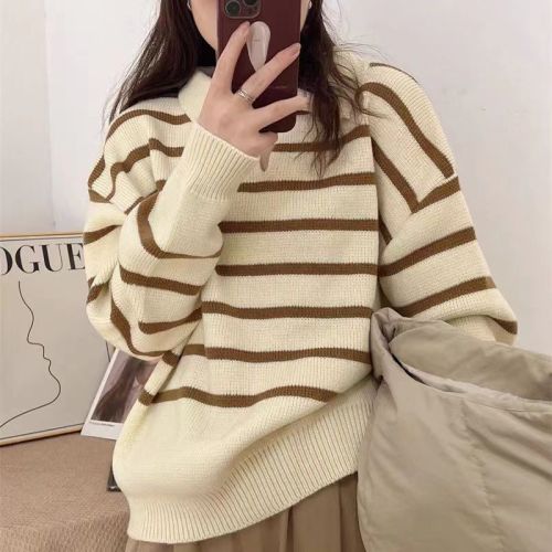 Retro lazy style contrast striped polo collar sweater for women 2023 autumn new loose and versatile sweater pullover