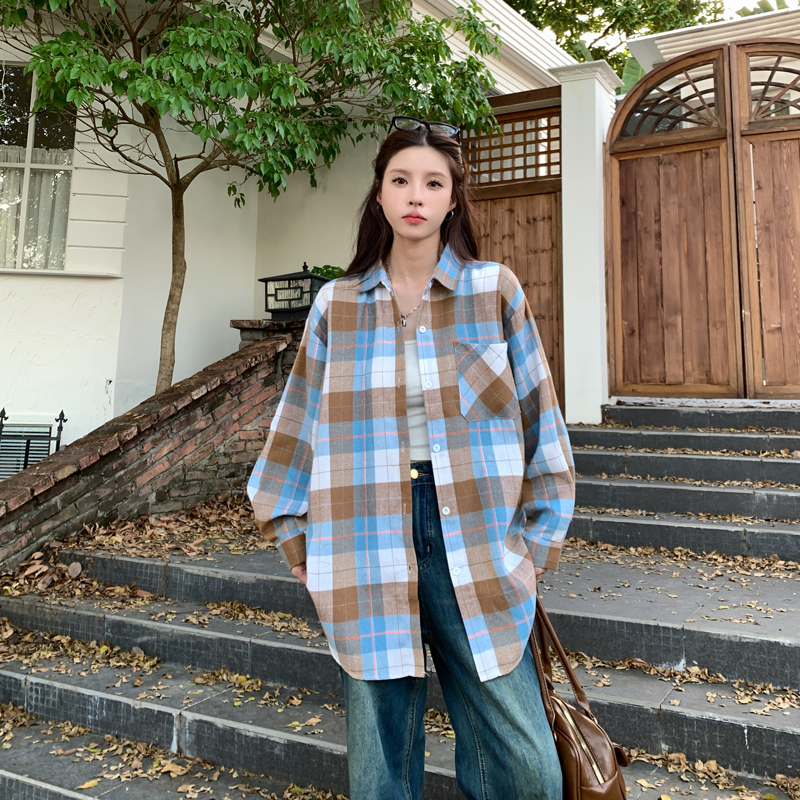 實拍復古簡約寬鬆百搭格紋襯衫女新款長袖港風潮流內搭外穿襯衣