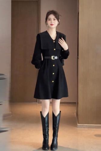 官图~LZY知音 德鲁纳小姐 秋气质名媛设计海军领显瘦收腰小黑裙