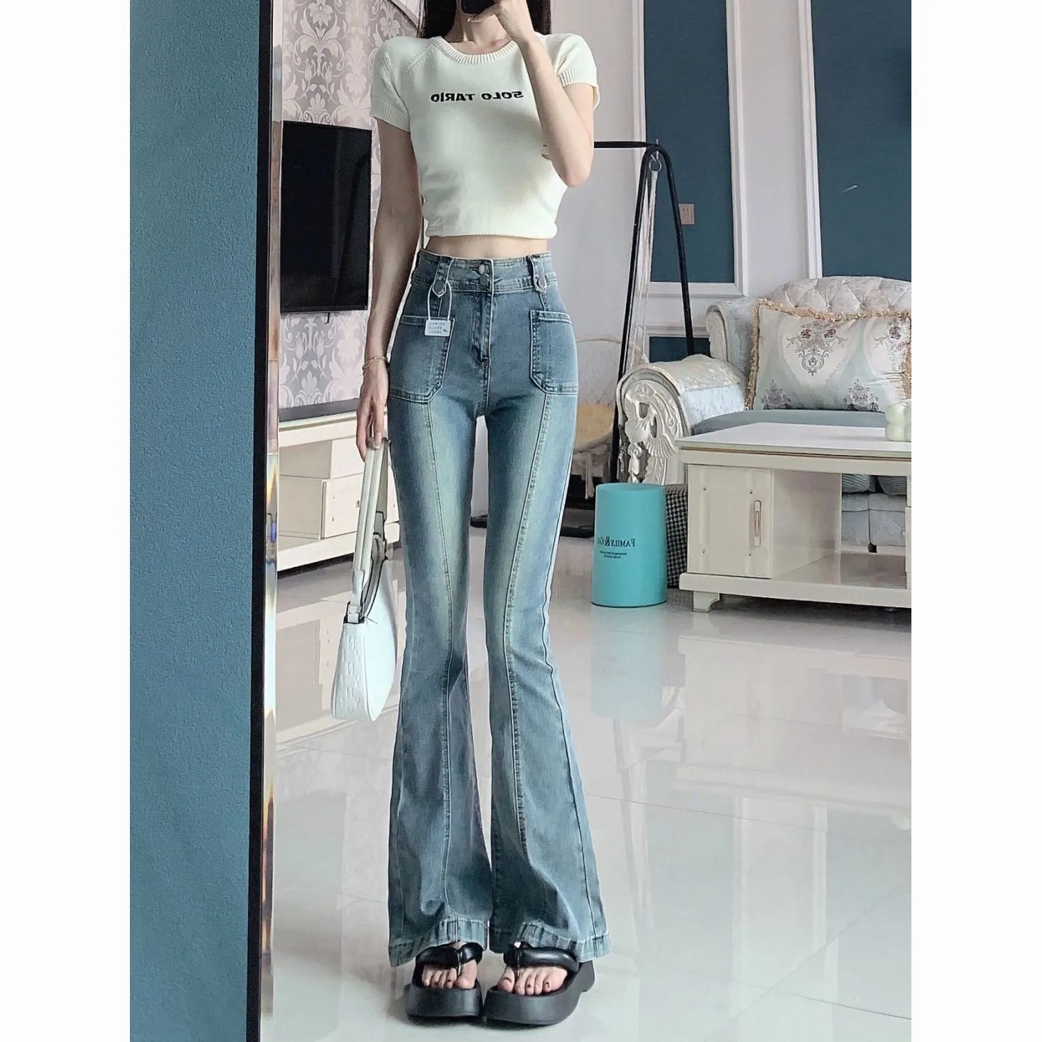 美式復古辣妹高腰微喇牛仔拖地褲女設計感修身顯瘦彈力喇叭長褲子