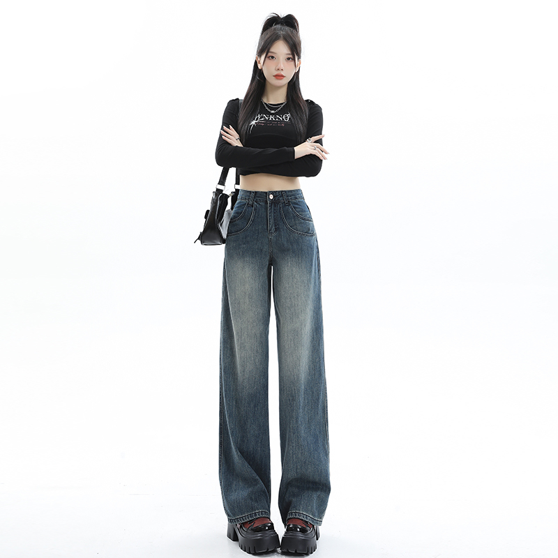 實拍2023早秋新款高腰闊腿拖地褲美式潮牌復古直筒牛仔褲女