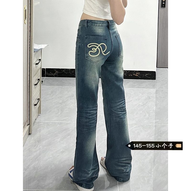設計感秋季復古高腰微喇叭牛仔褲女小個子直筒顯瘦修身闊腿長褲潮