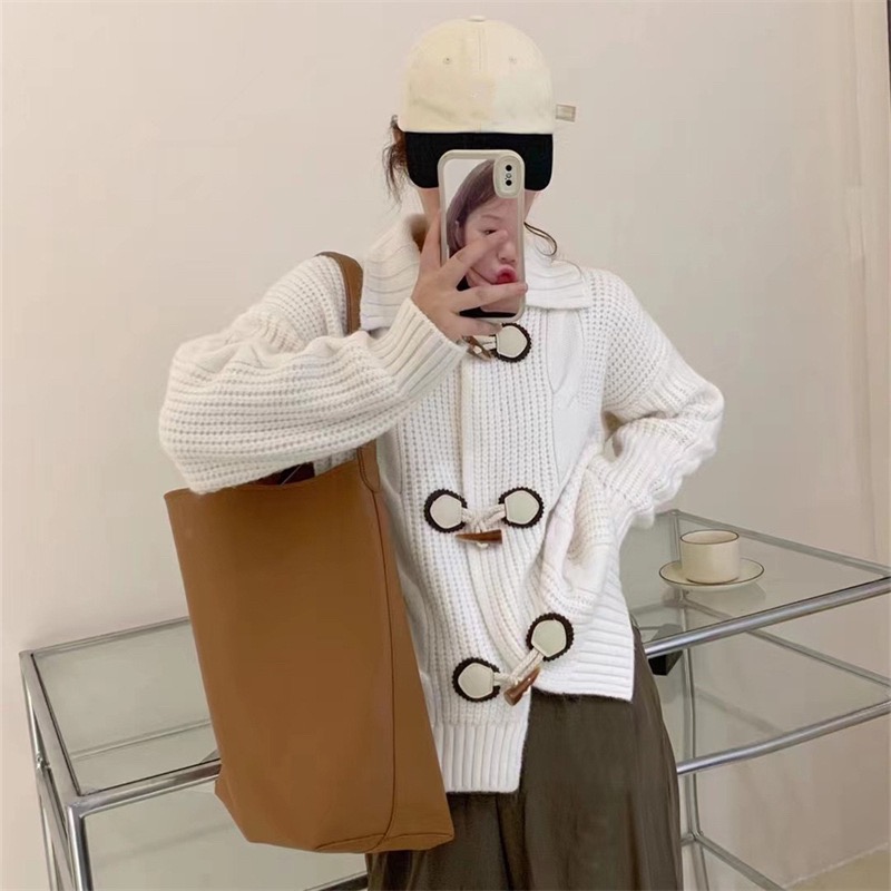 慵懶風牛角扣毛衣開衫外套女2023秋冬新款小個子綠色顯瘦針織上衣