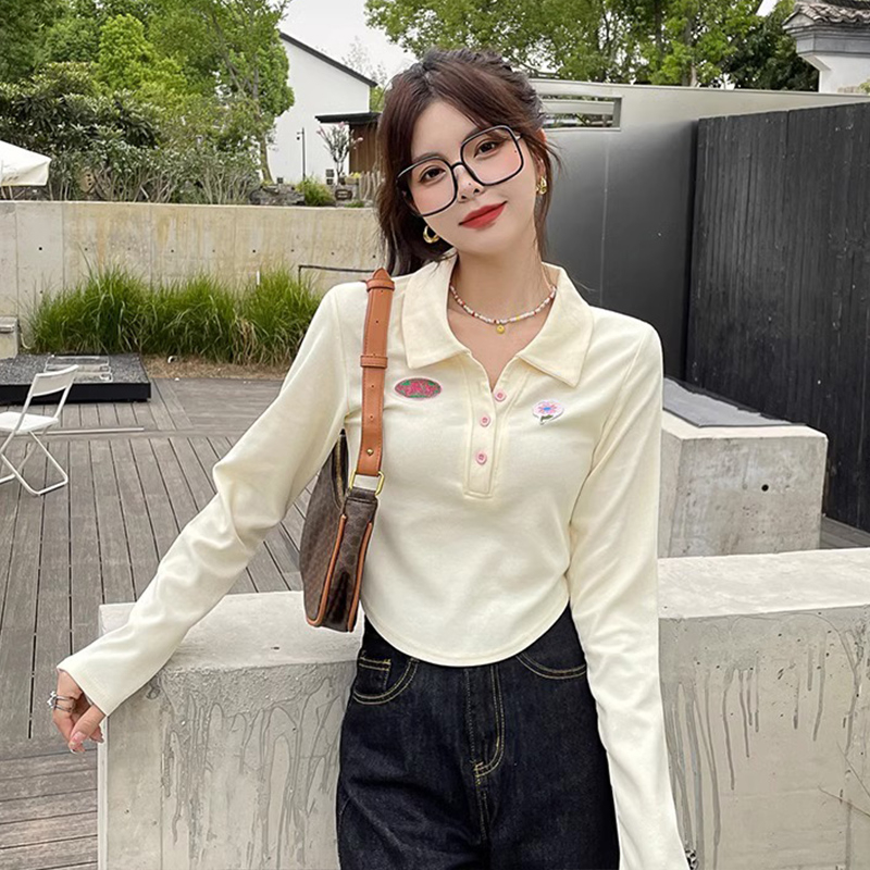 Apricot long-sleeved T-shirt bottoming shirt for women, autumn design niche chic short polo shirt top