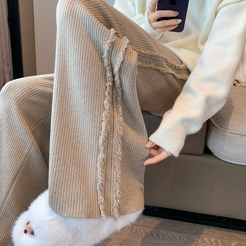 加厚軟糯側邊流蘇針織闊腿褲女秋冬豎坑條高腰抽繩顯瘦休閒拖地褲