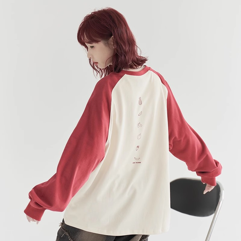 Museum of Gravity Raglan Sleeve Contrast Color Long Sleeve T-Shirt Women's Fall 2023 New Loose Early Autumn Top