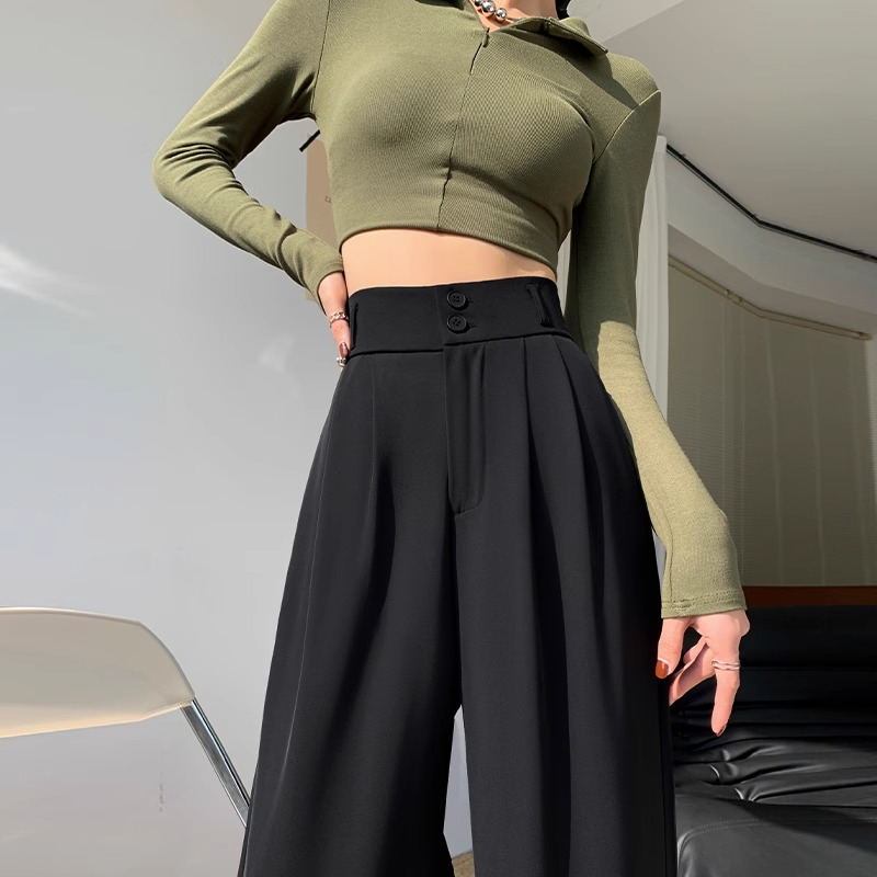 Black high-waisted narrow wide-leg pants for women, spring and autumn style, small, loose, slim, straight-leg pants, drapey casual suit pants