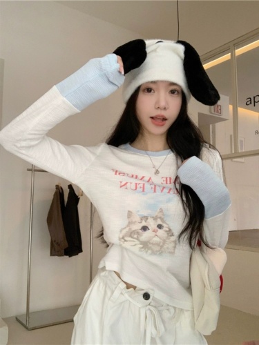 Slim fit cat print long sleeve T-shirt