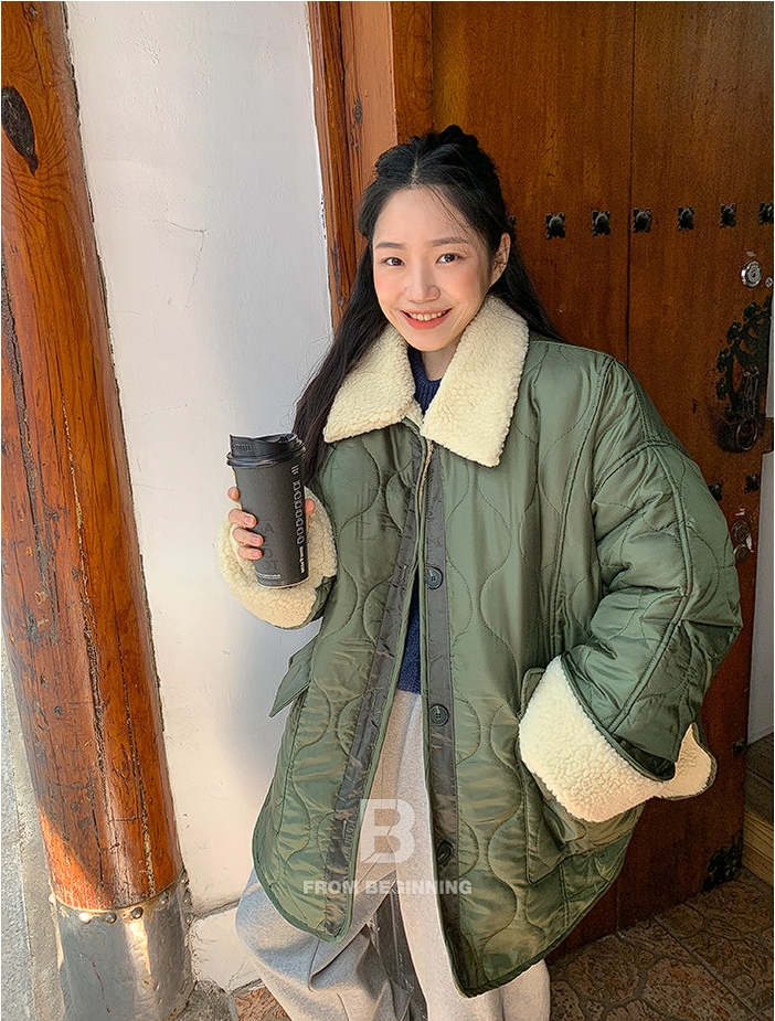 韓國冬季中長款翻領羊羔毛菱形格寬鬆外套女