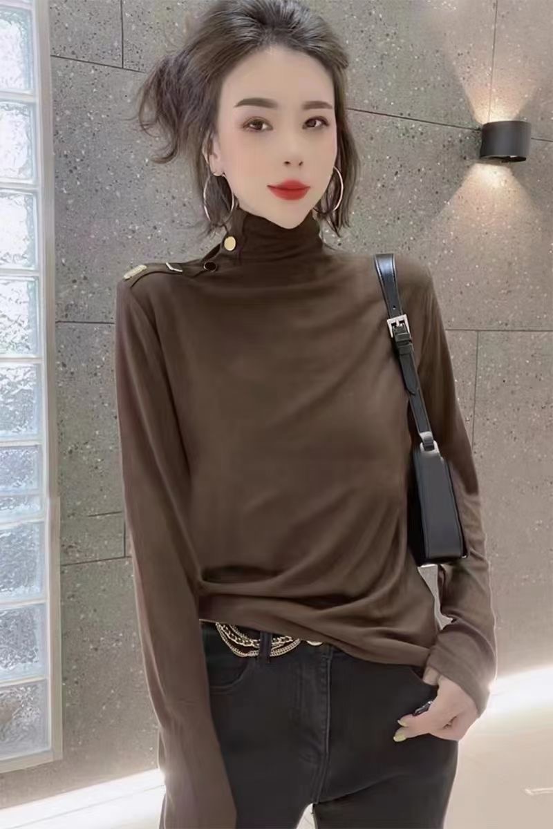 半高領打底衫女內搭時尚肩扣洋氣百搭顯瘦長袖高領t恤打底衫潮