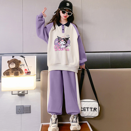 Girls Kuromi Sweatshirt Set  Autumn Style Children's Cartoon Polo Collar Top Sports Two-piece Set