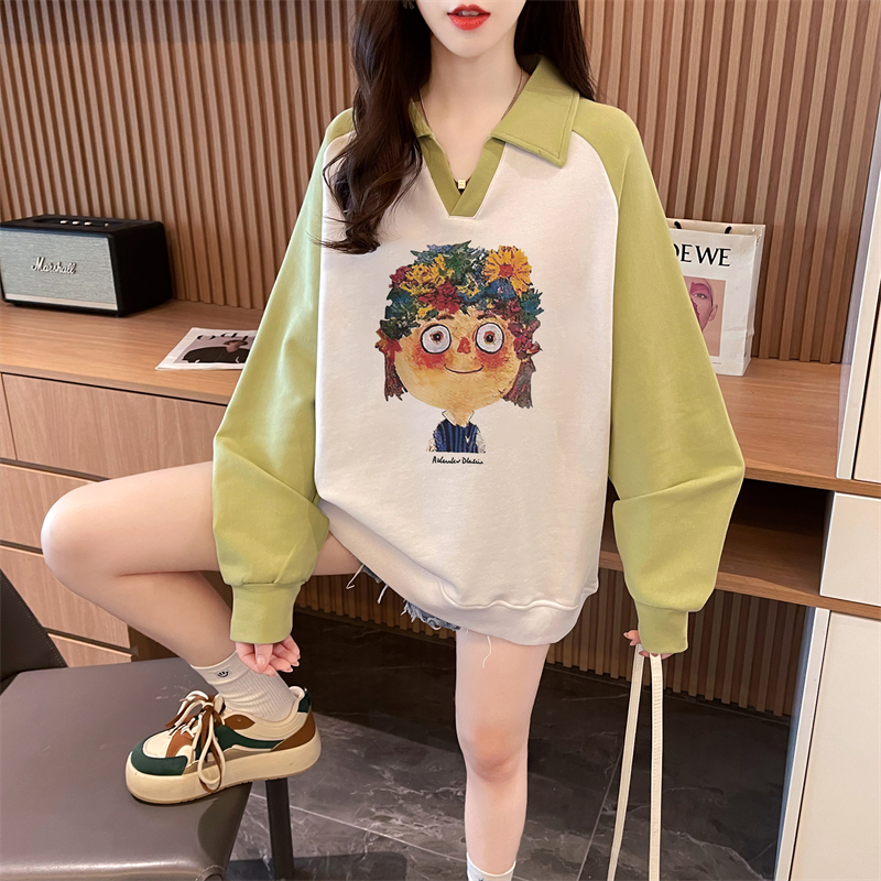 實拍 秋裝韓版後包領華棉M-3XL200斤印花寬鬆插肩袖大碼衛衣女
