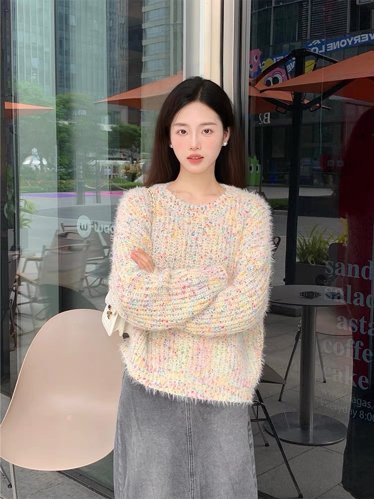 秋冬新款元氣彩色波點設計軟糯寬鬆毛衣圓領百搭慵懶針織衫