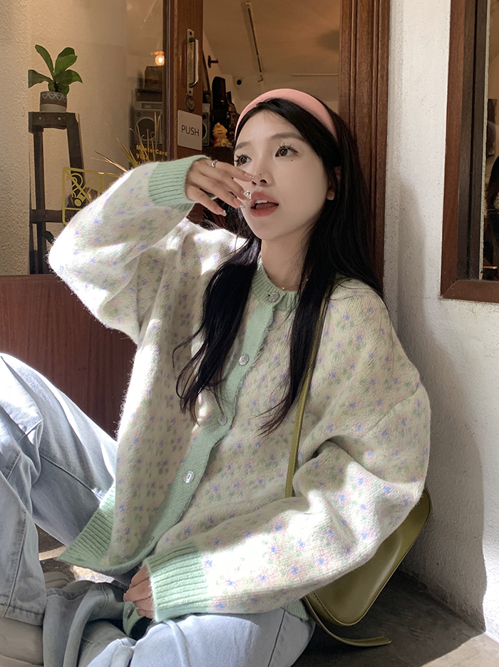實拍~ 秋季新款韓版寬鬆慵懶溫柔風提花針織毛衣開衫外套女
