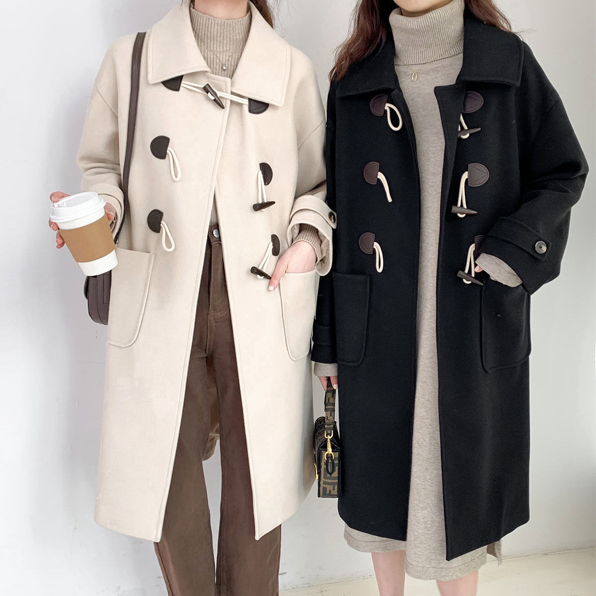 加厚龍鳳呢 牛角扣毛呢外套女中長款秋冬韓版學院風加厚呢子大衣