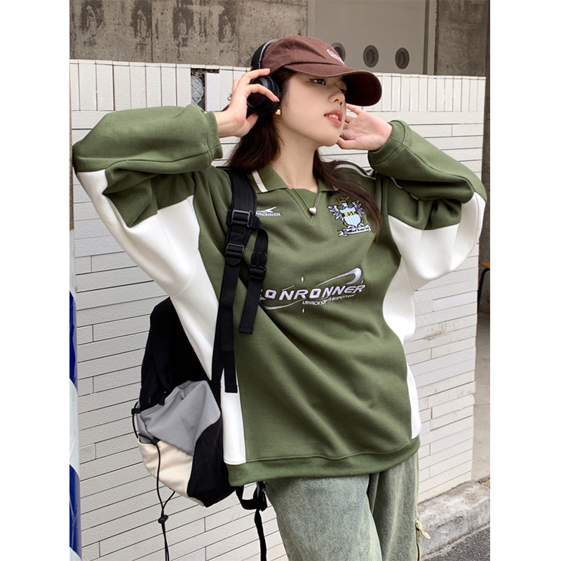 實拍秋季美式復古拼接Polo領衛衣女寬鬆街頭休閒長袖球衣上衣