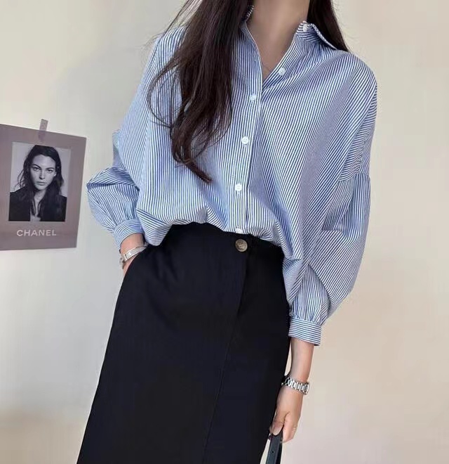 韓國chic 簡約單排扣寬鬆條紋襯衫女