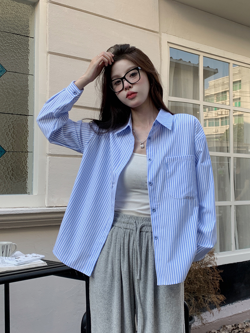 實拍  韓版chic慵懶風條紋襯衫女秋寬鬆長袖襯衣外套