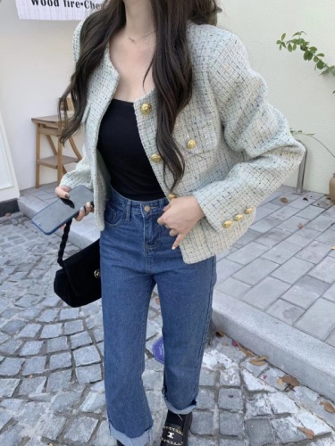 Xiaoxiangfeng short jacket  autumn new style high-end and elegant lady style versatile round neck top for small people