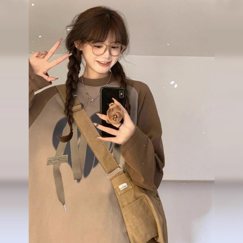 美式復古插肩長袖t恤女春秋薄款2023新款打底衫寬鬆百搭圓領上衣